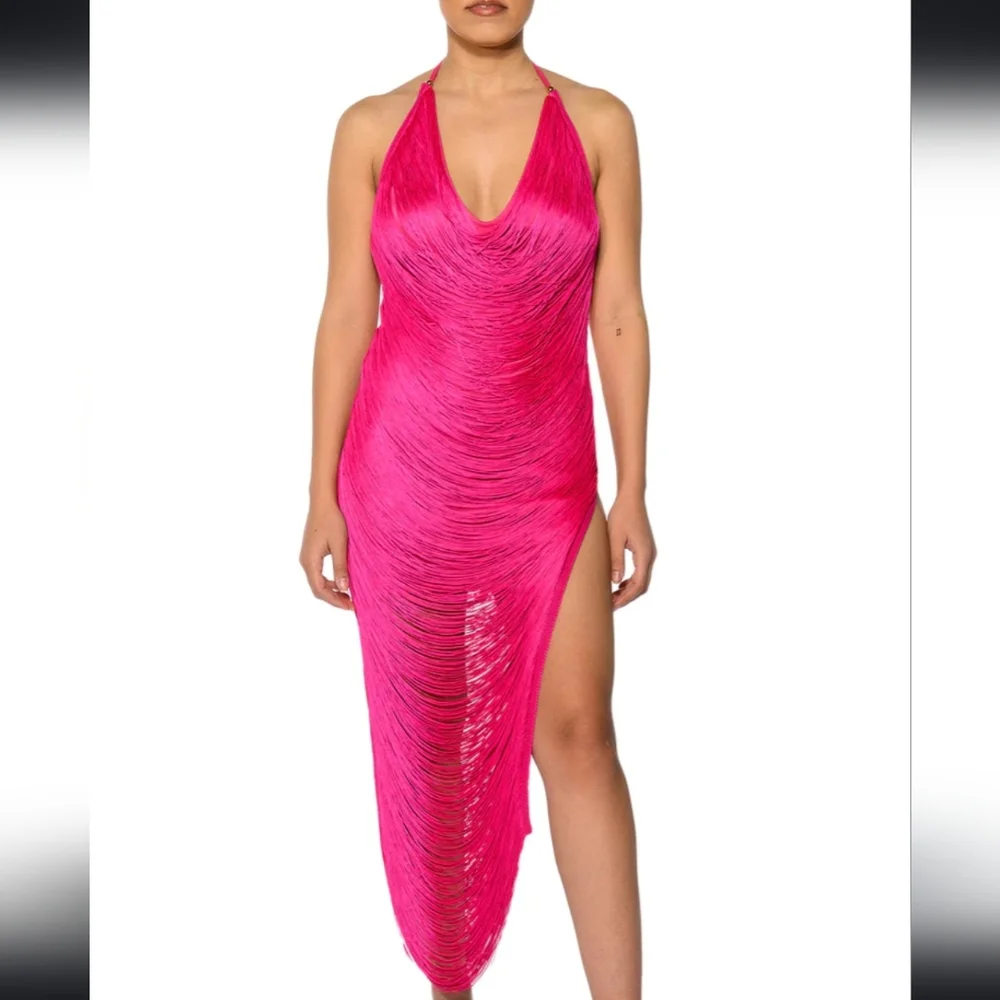 Callie Pink Summer: Fuchsia Layered & Draped Fringe Cowl & Split Maxi Dress - Picture 2 of 7